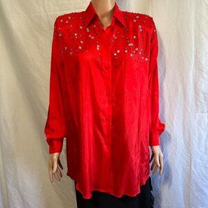 Vintage red silk beaded bling blouse, button down, Adam Douglass, 100% silk sz L